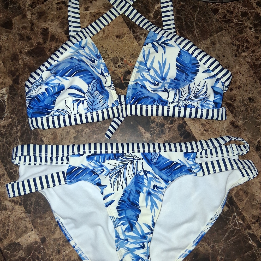 Blue Leaf Print Bikini Set